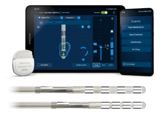 脑起搏器治疗系统(从左至右至下依次为:Percept™ RC脑深部神经刺激器、医生程控仪、患者程控仪、SenSight™方向性电极) 脑起搏器治疗系统(从左至右至下依次为:Percept™ RC脑深部神经刺激器、医生程控仪、患者程控仪、SenSight™方向性电极)